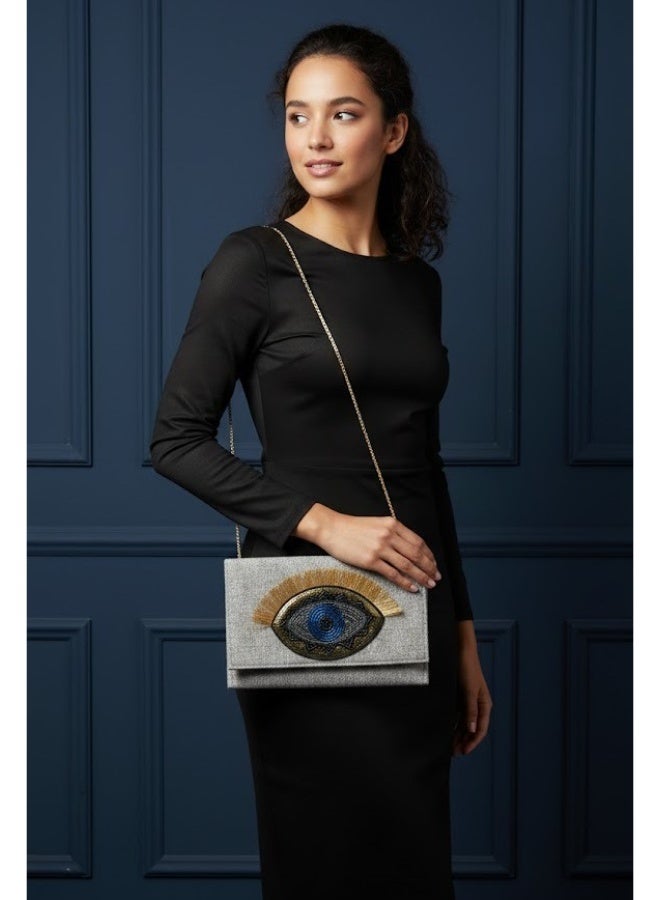 zoba Elegant women's wallet bag with a gold chain - can be worn crossbody or clutch - distinctive and luxurious eye design for outings and occasions (grey) - Image 1